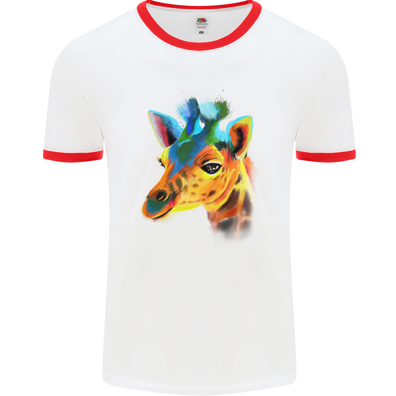 A Giraffe Watercolour Mens White Ringer T-Shirt White/Red