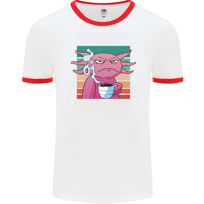 Grumpy Axolotl With Coffee Mens White Ringer T-Shirt White/Red