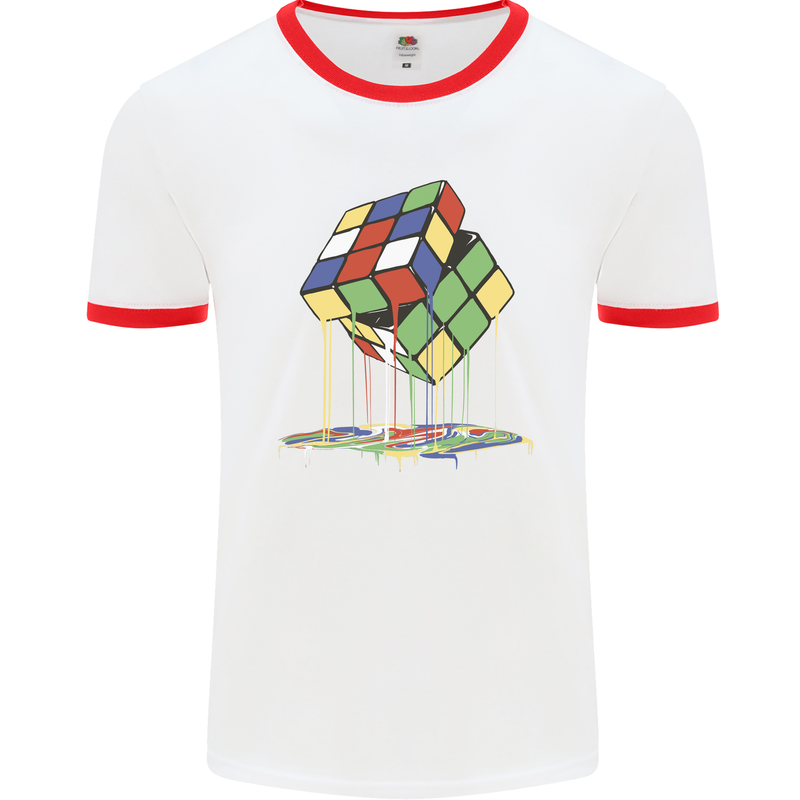 Dripping Rubik Cube Funny Puzzle Mens White Ringer T-Shirt White/Red