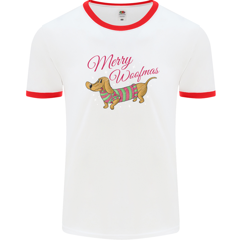 Merry Wiener Funny Christmas Dog Mens White Ringer T-Shirt White/Red