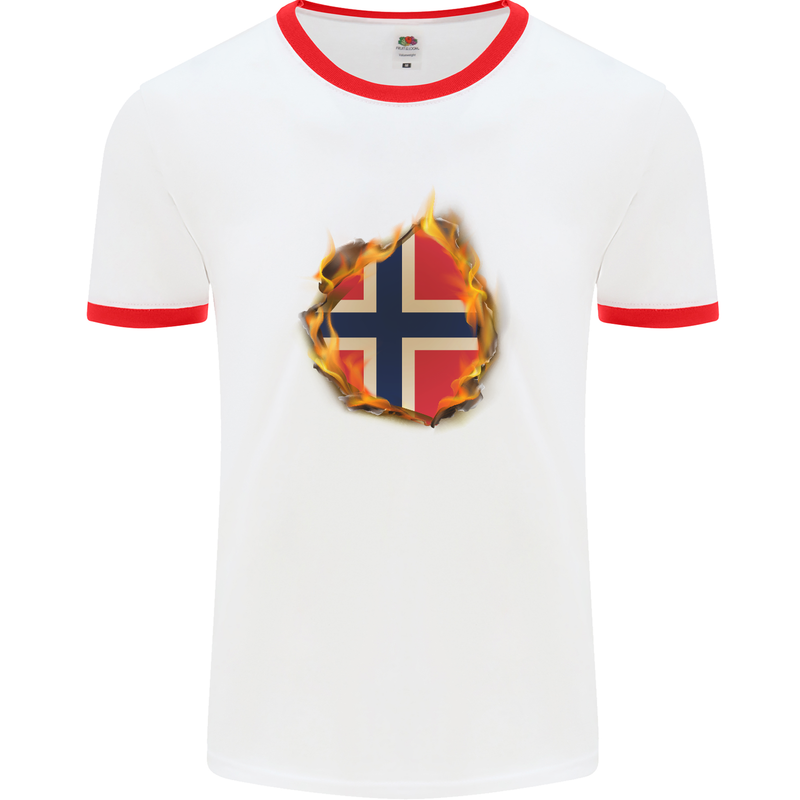 The Norwegian Flag Fire Effect Norway Mens White Ringer T-Shirt White/Red