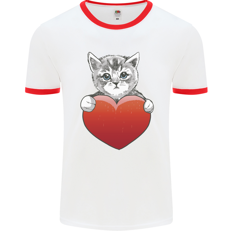 A Cute Cat With a Heart Love Valentines Day Mens Ringer T-Shirt White/Red