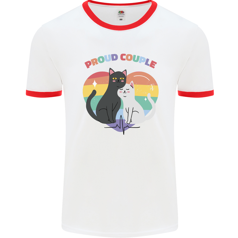 LGBT Proud Couple Funny Gay Cats Mens White Ringer T-Shirt White/Red