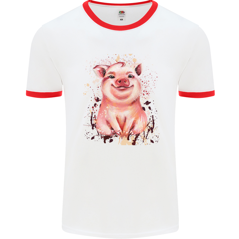 Watercolour Pig Mens White Ringer T-Shirt White/Red