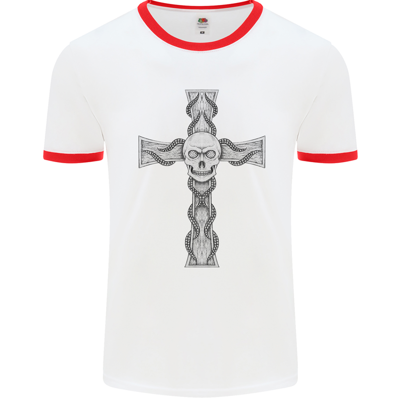 A Gothic Skull and Tentacles on a Cross Mens White Ringer T-Shirt White/Red