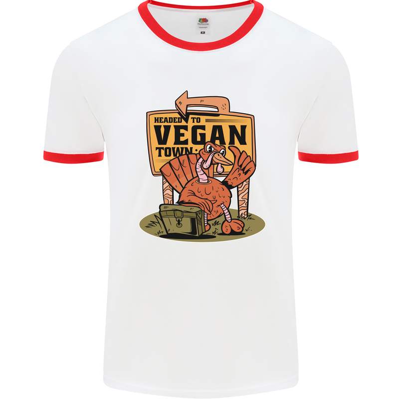 Heading to Vegan Town Funny Turkey Mens White Ringer T-Shirt White/Red