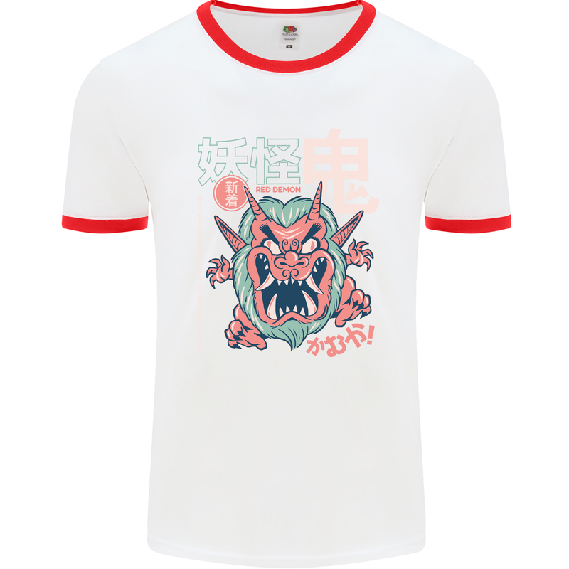 Oni Yokai Japanese Red Demon Mens White Ringer T-Shirt White/Red