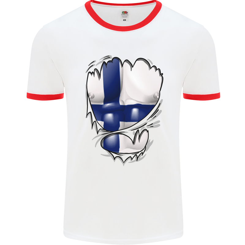 Gym Finnish Flag Ripped Muscles Finland Mens White Ringer T-Shirt White/Red