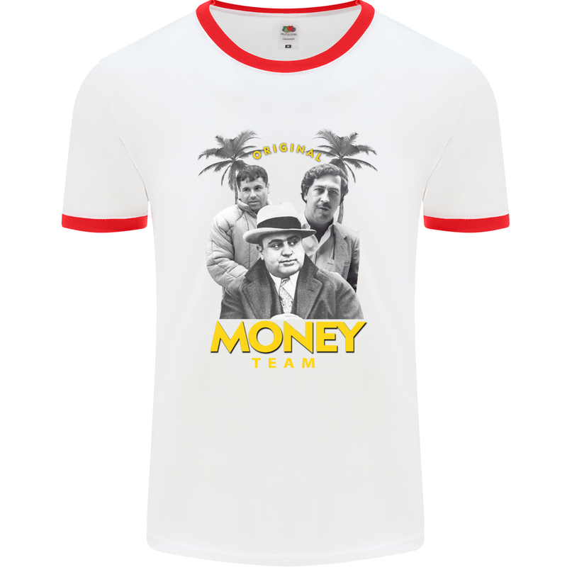 Money Team Pablo Escobar El Chapo Al Capone Mens White Ringer T-Shirt White/Red