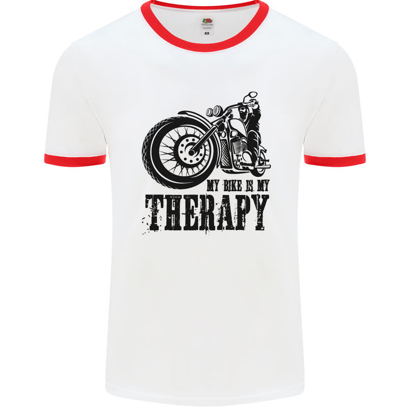 My Therapy Motorcycle Motorbike Biker Mens White Ringer T-Shirt White/Red