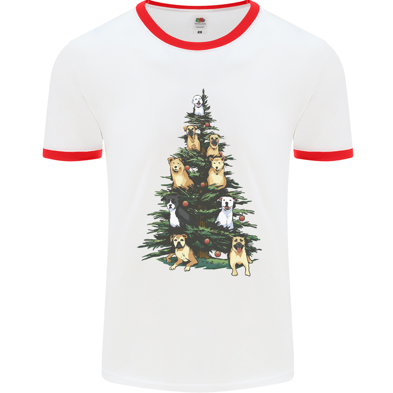 Funny Dog Christmas Tree Mens Ringer T-Shirt White/Red