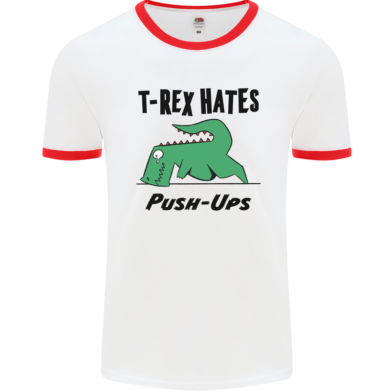 T-Rex Hates Push Ups Funny Gym Dinosaurs Mens White Ringer T-Shirt White/Red