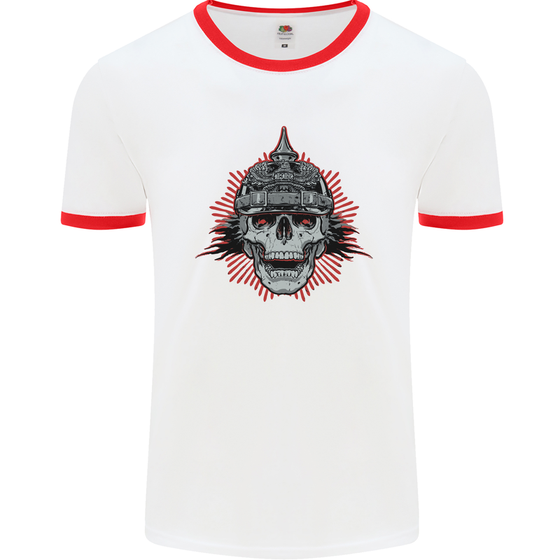 Pickelhaube Skull Prussian Helmet Biker Mens White Ringer T-Shirt White/Red