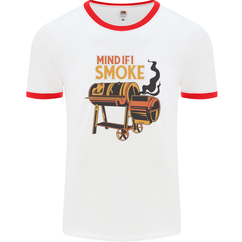 Mind if I Smoke Funny BBQ Grill Mens White Ringer T-Shirt White/Red