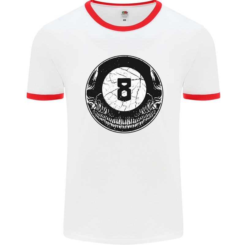 8-Ball Skull Pool Player 9-Ball Mens White Ringer T-Shirt White/Red