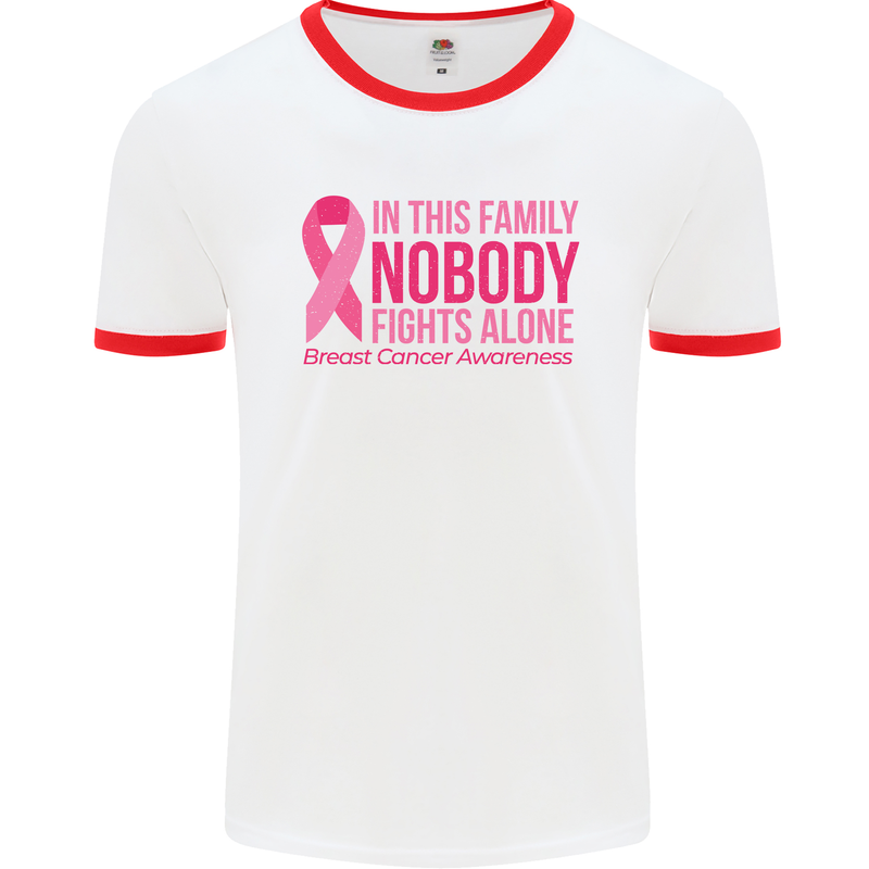 Breast Cancer Awareness Nobody Fights Alone Mens White Ringer T-Shirt White/Red