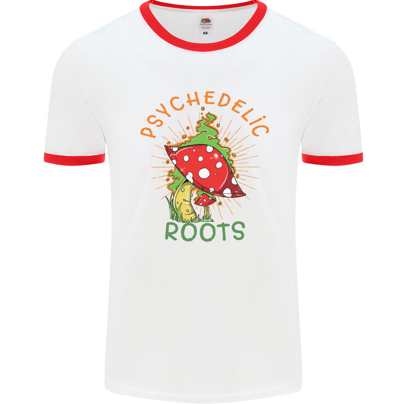 Psychedelic Roots Magic Mushrooms LSD Hippy Mens Ringer T-Shirt White/Red