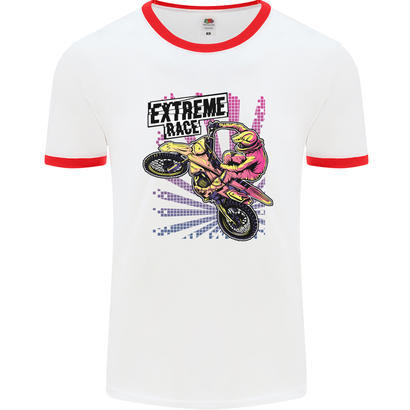 Extreme Race Motocross Dirt Bike Motorbike Mens White Ringer T-Shirt White/Red