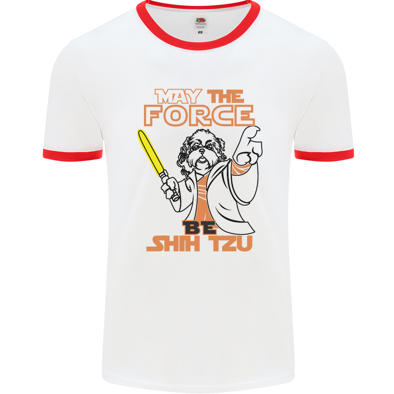 May the Force Be Shih Tzu Dog Funny Mens White Ringer T-Shirt White/Red