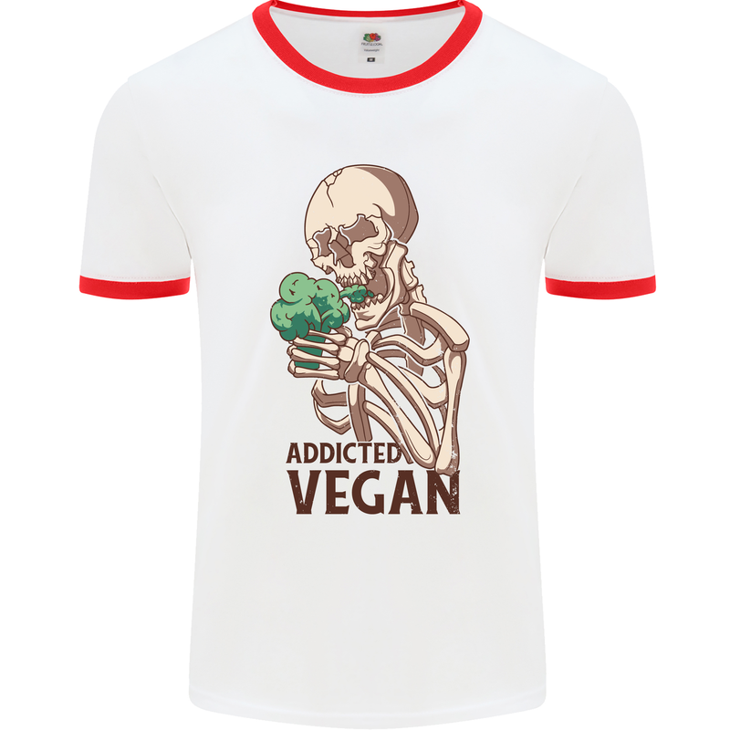 Addicted Vegan Skeleton Eating Vegetables Mens White Ringer T-Shirt White/Red