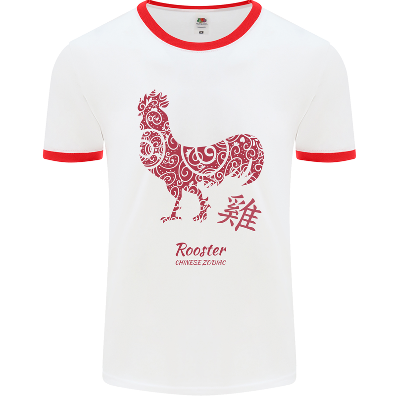 Chinese Zodiac Year of the Rooster Mens White Ringer T-Shirt White/Red