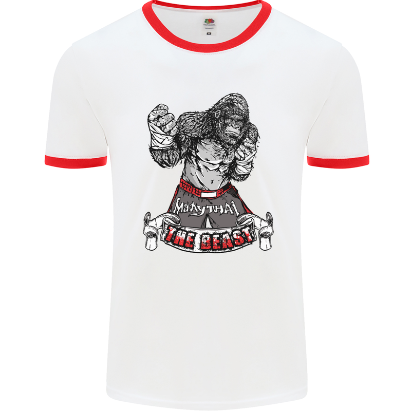 Muay Thai The Beast MMA Mixed Martial Arts Mens White Ringer T-Shirt White/Red