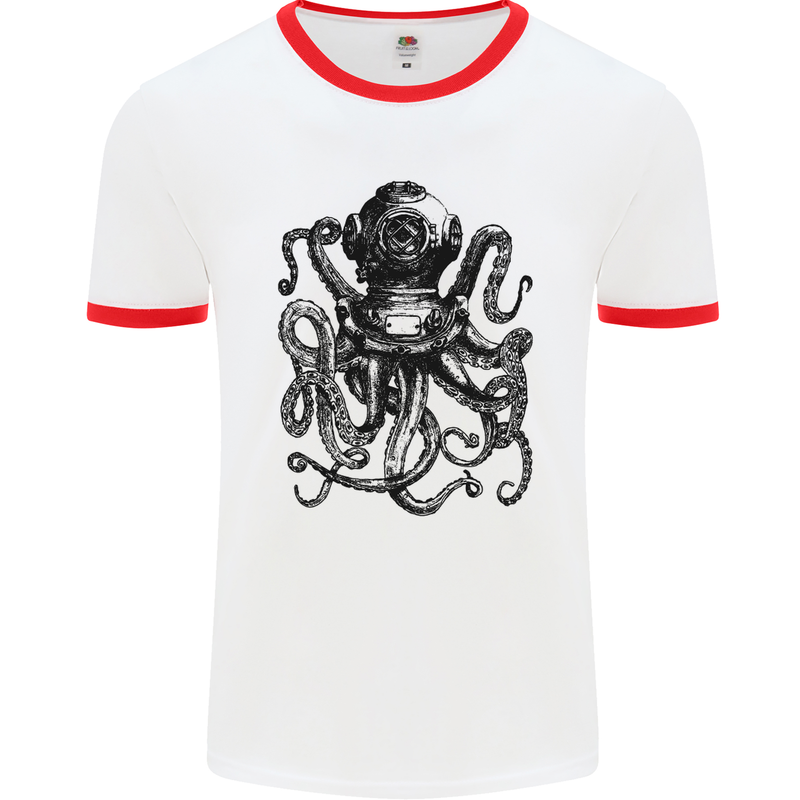 Scuba Octopus Diver Dive Diving Mens White Ringer T-Shirt White/Red