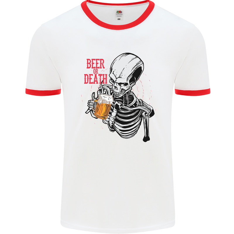 Beer or Death Skull Funny Alcohol Mens White Ringer T-Shirt White/Red