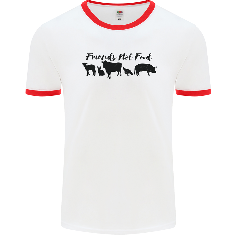 Vegetarian Animals Friends Not Food Vegan Mens White Ringer T-Shirt White/Red