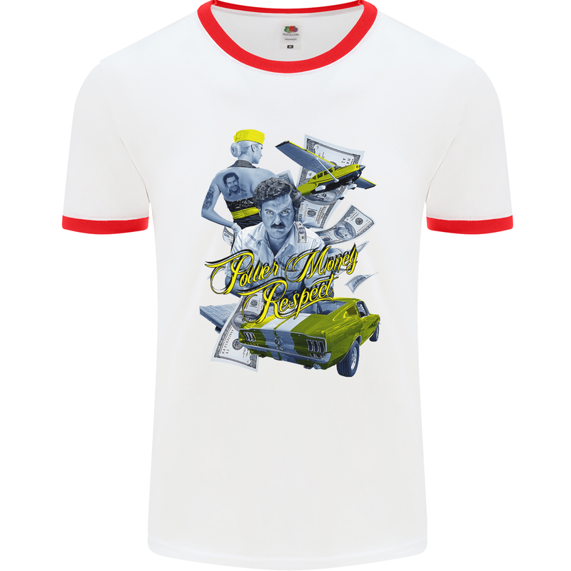 Pablo Escobar Power Money Respect Mens White Ringer T-Shirt White/Red
