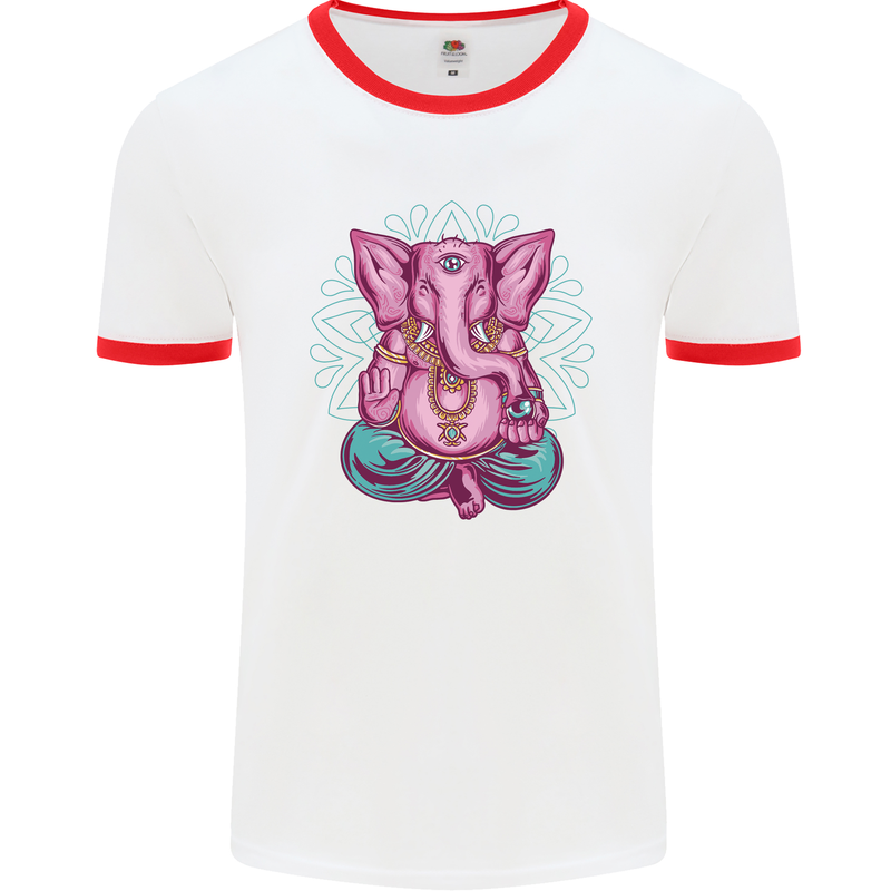 A Meditating Elephant Yoga Spiritual Mens White Ringer T-Shirt White/Red