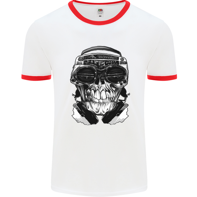 Ghetto Blaster Skull Mens White Ringer T-Shirt White/Red