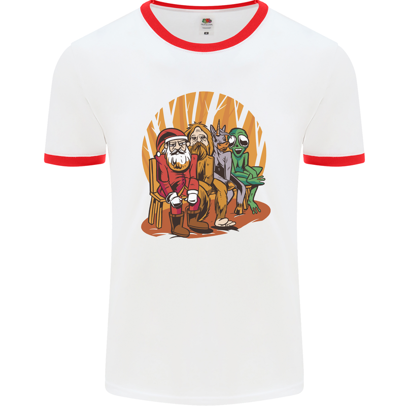 Christmas Santa Claus Bigfoot Unicorn Alien Mens White Ringer T-Shirt White/Red