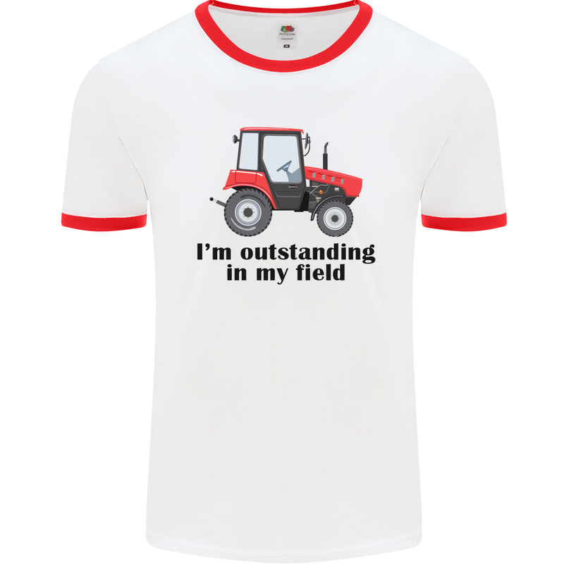 I'm Outstanding in My Field Farmer Tractor Mens White Ringer T-Shirt White/Red