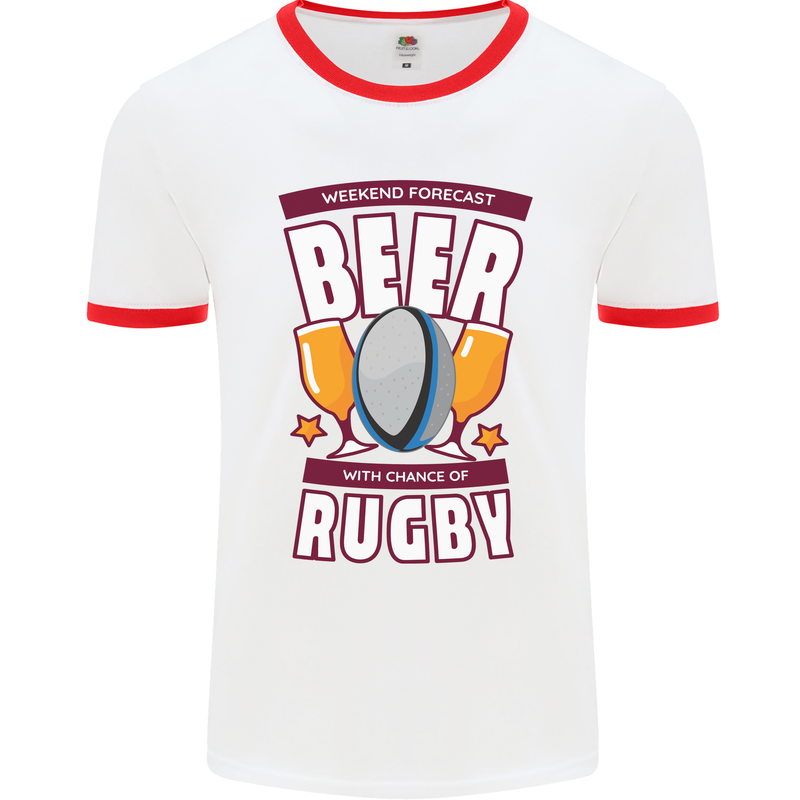 Weekend Forecast Beer Alcohol Rugby Funny Mens White Ringer T-Shirt White/Red