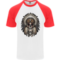 Native American Indian Skull Headdress Mens S/S Baseball T-Shirt White/Red