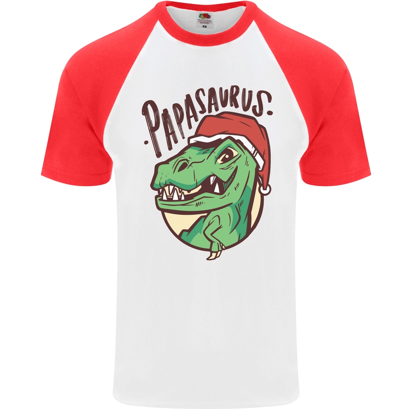 Christmas Papasaurus T-Rex Dinosaur Mens S/S Baseball T-Shirt White/Red