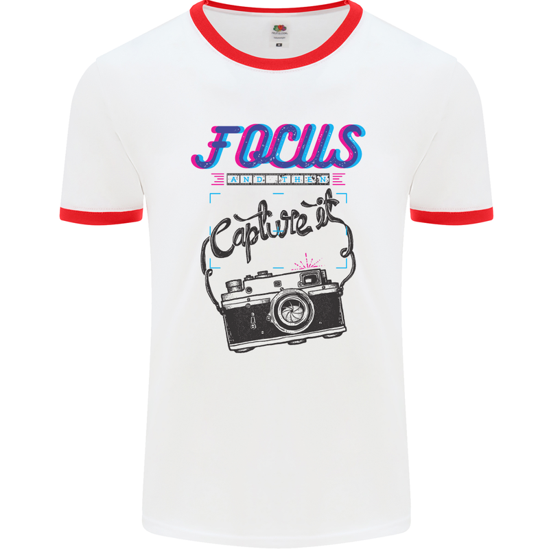 Focus and Then Capture It Photography Mens White Ringer T-Shirt White/Red