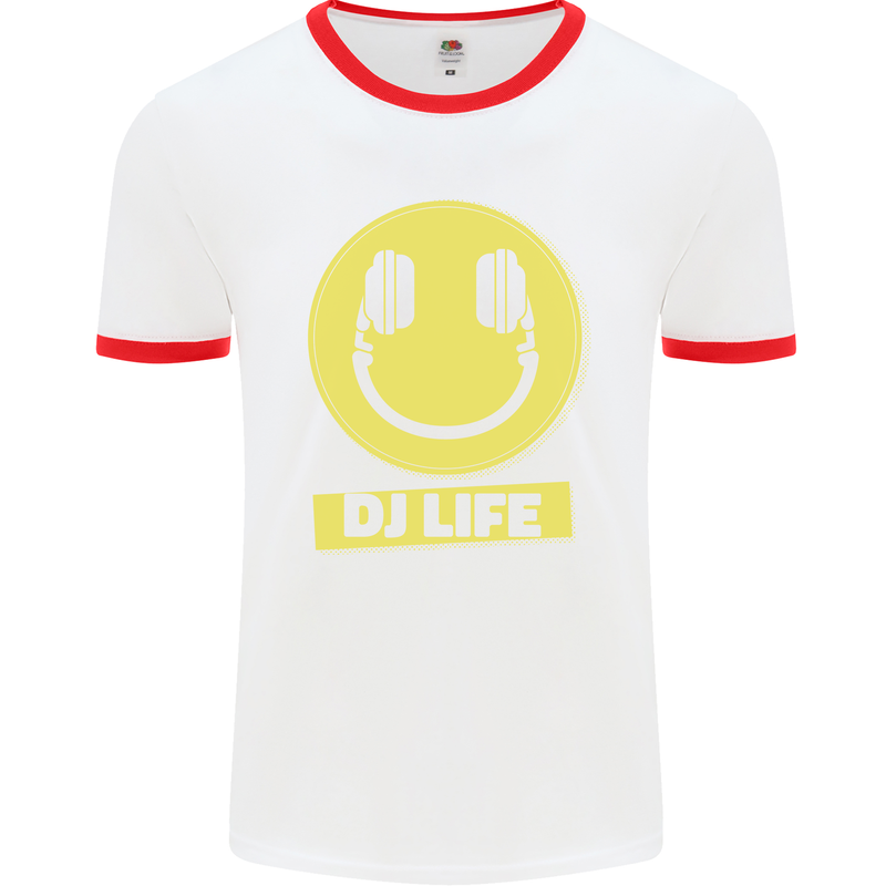 Headphones DJ Life Acid Face Vinyl Decks Mens White Ringer T-Shirt White/Red