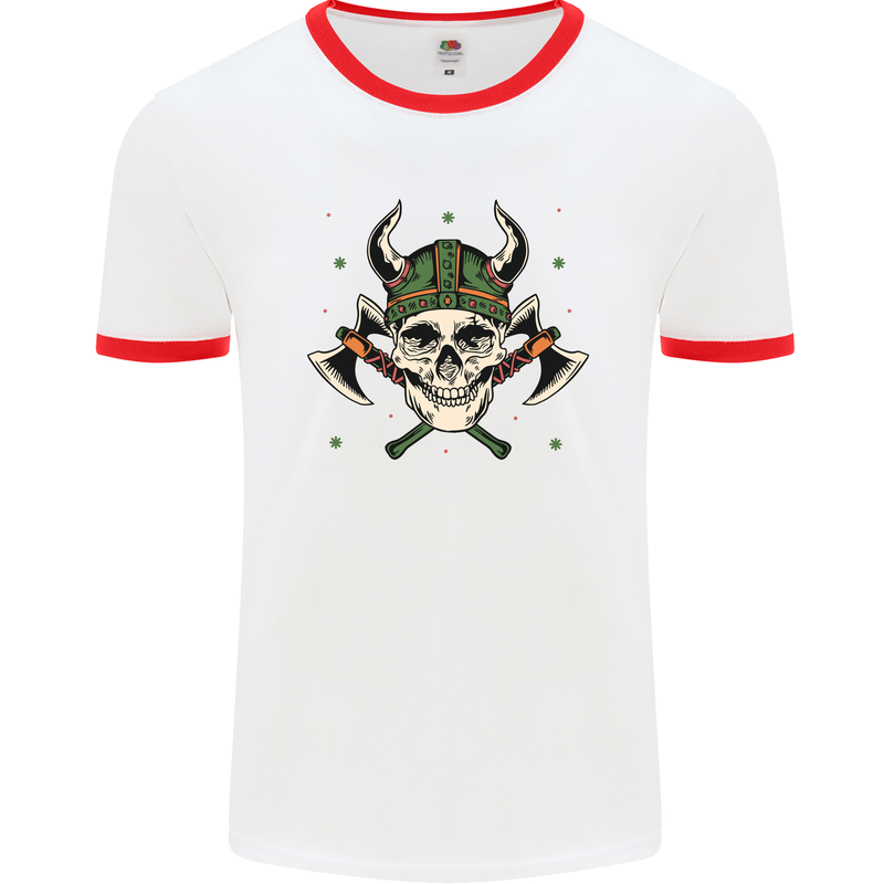 Viking Skull With Axes and Helmet Mens White Ringer T-Shirt White/Red