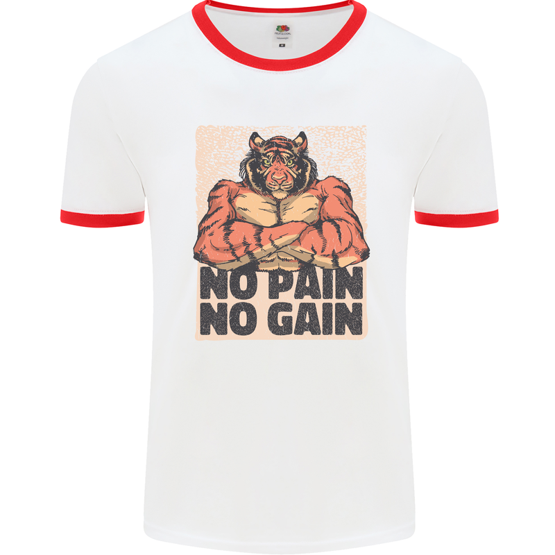 Gym Tiger No Pain No Gain Training Top Mens White Ringer T-Shirt White/Red