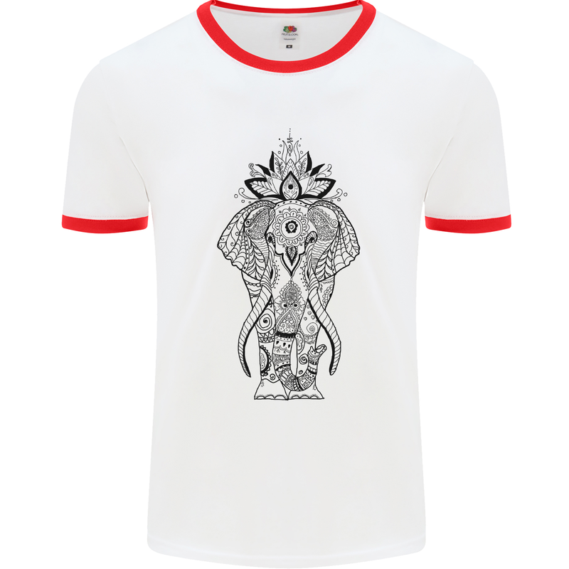 Black Mandala Art Elephant Mens White Ringer T-Shirt White/Red