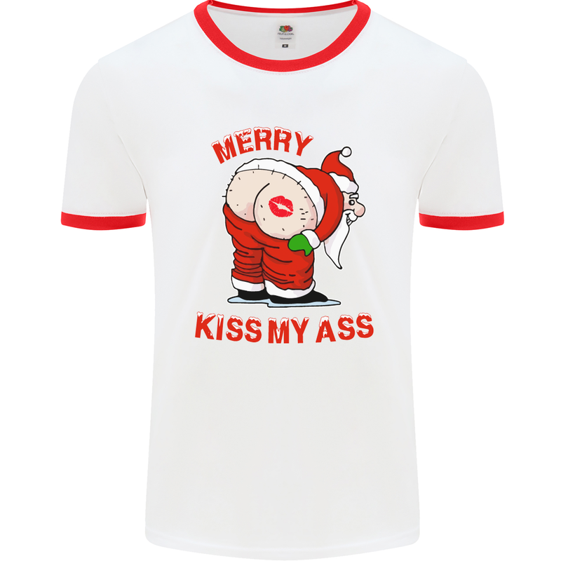 Merry Kiss My Ass Funny Christmas Mens White Ringer T-Shirt White/Red