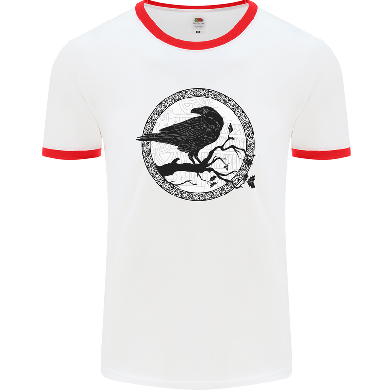 Viking Crow Celtic Norse Valhalla Odin Thor Mens White Ringer T-Shirt White/Red