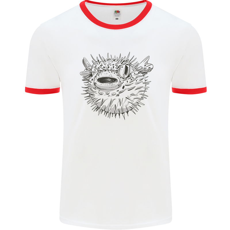 A Pufferfish Puffer Illustration Mens White Ringer T-Shirt White/Red