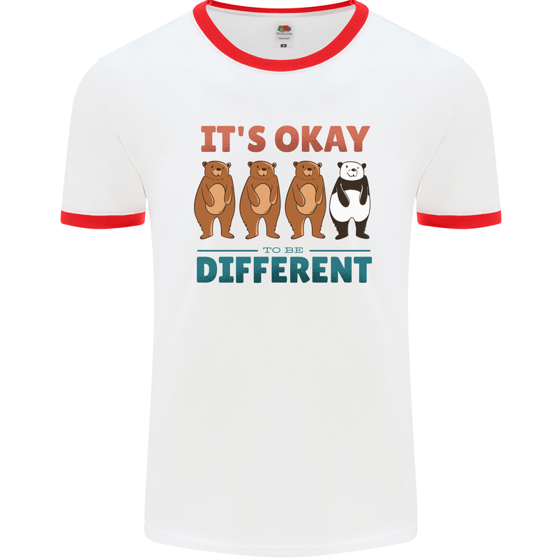 Panda Bear LGBT It's Okay to Be Different Mens White Ringer T-Shirt White/Red