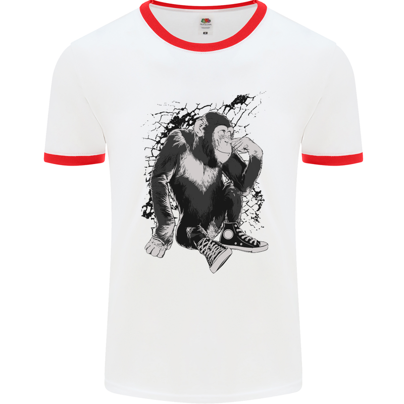 Chilled Out Chimp Chimpanzee Monkey Mens White Ringer T-Shirt White/Red