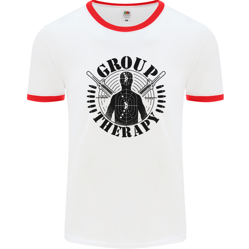 Group Therapy Shooting Hunting Rifle Funny Mens White Ringer T-Shirt White/Red