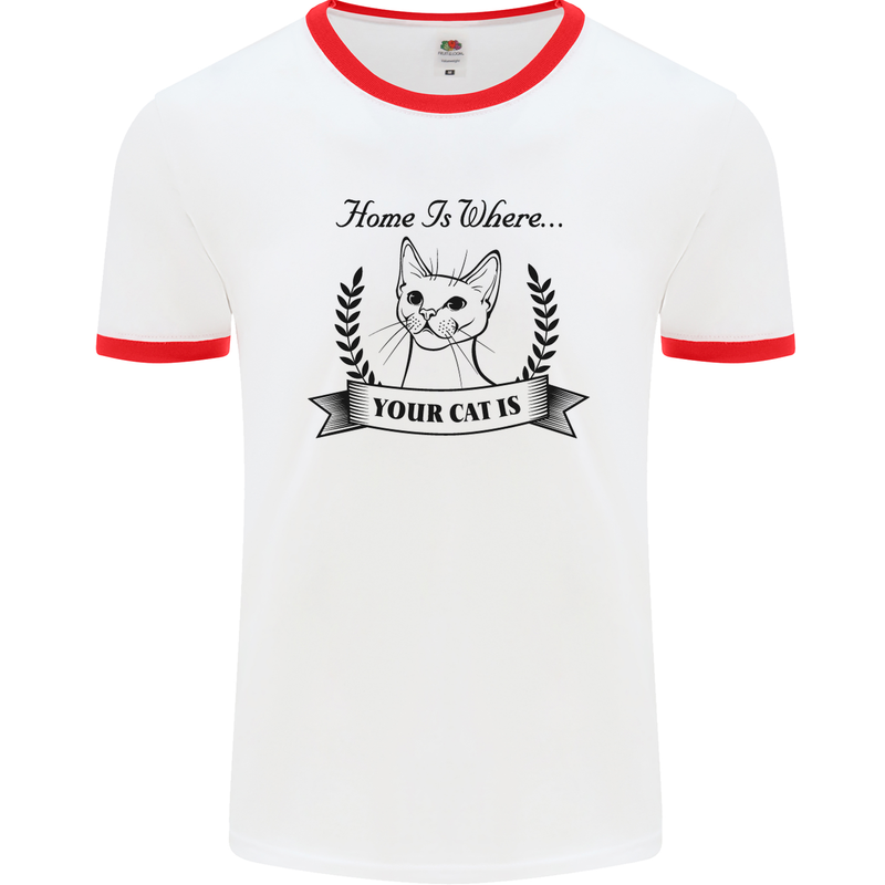 Home Is Where Your Cat Is Funny Kitten Mens White Ringer T-Shirt White/Red