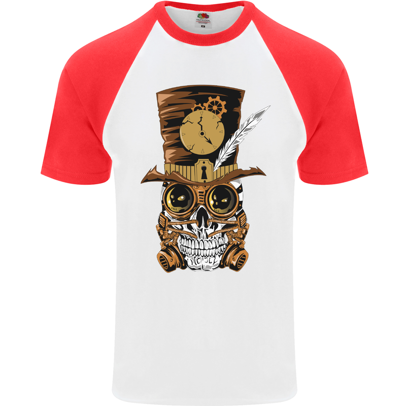 Steampunk Skull Mens S/S Baseball T-Shirt White/Red